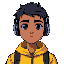a guy with short black hair, black eyes, skin a little brown,wearing yellow winter shirt with purple details, with headphones 