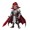 a guy vampire with brown skin and red hair wearing a white armor handling a red adaga