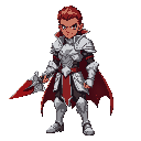 a guy vampire with brown skin and red blonde hair wearing a white armor handling a red adaga