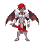 a guy vampire with brown skin and red hair wearing a white armor handling a red adaga