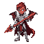 a guy vampire with brown skin and red hair wearing a white armor handling a red adaga, no wings
