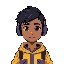 a guy with short faded black hair, black eyes, skin a little brown,wearing yellow winter shirt with purple details, with headphones 