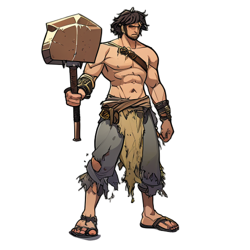 a warrior character wielding a massive claymore, wearing frayed hemp pants and no shoes