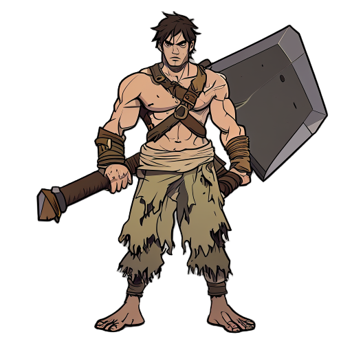 a warrior character wielding a massive claymore, wearing frayed hemp pants and no shoes