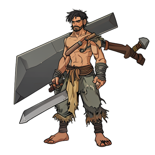 a warrior character wielding a massive claymore, wearing frayed hemp pants and no shoes