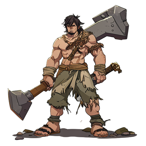 a warrior character wielding a massive claymore, wearing frayed hemp pants and no shoes