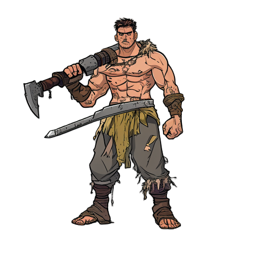 a warrior character wielding a massive claymore in his hands, wearing frayed hemp pants and no shoes
