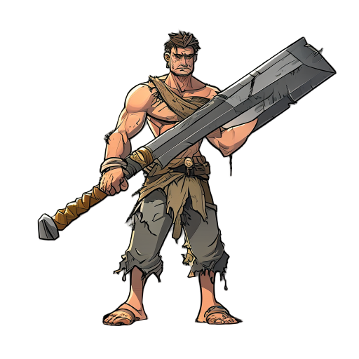 a warrior character wielding a massive claymore in his hands, wearing frayed hemp pants and no shoes