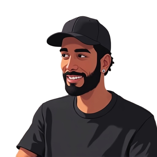digital drawing of a young man with medium-dark skin tone, short black beard, wearing a black t-shirt and a black cap. he is sitting indoors with soft natural light coming from the side, giving a calm and relaxed atmosphere. the background is simple and m