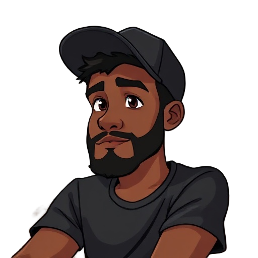 digital drawing of a young man with medium-dark skin tone, short black beard, wearing a black t-shirt and a black cap. he is sitting indoors with soft natural light coming from the side, giving a calm and relaxed atmosphere. the background is simple and m