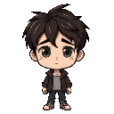 height: average for his age, around 5’7’’ (170 cm). 	•	hair: messy dark brown hair, often unkempt, as if he doesn’t care much about grooming. 	•	eyes: deep green, with a tired or melancholic gaze. 	•	face: soft features, pale skin, faint dark circles unde