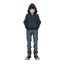 op: a slightly oversized hoodie in muted tones (navy blue or gray), symbolizing comfort and a desire to hide from the world.  bottom: worn-out jeans, with faint signs of use and a few stitched patches, suggesting he doesn’t replace his clothes often.  sho