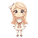 hair: long, light blonde, often tied with a ribbon.eyes: bright blue, glowing with curiosity.: gentle features, a playful smile.  a simple light dress (white or pastel colors) with a ribbon belt.
