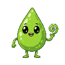 green water droplet with black eyes, lags, arms and a spiral