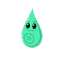 green water droplet with black eyes and a spiral