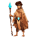 brown young man wearing typical desert clothes and a spear-like staff with a light blue time crystal on the tip 