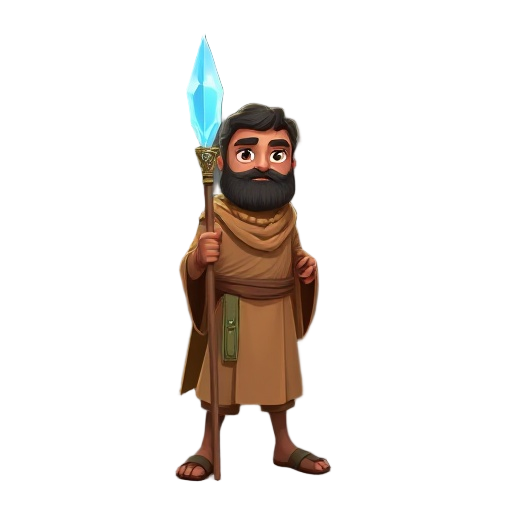 brown man wearing typical desert clothes and a spear-like staff with a light blue time crystal on the tip 