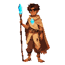 brown young man wearing typical desert clothes and a spear-like staff with a light blue time crystal on the tip 