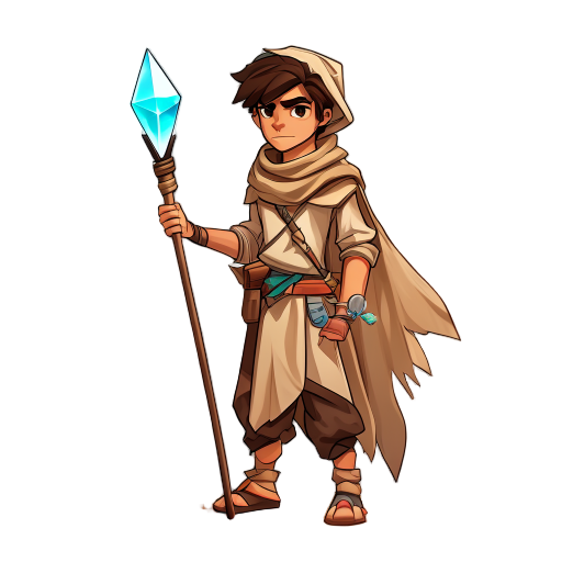 brown young man wearing typical desert clothes and a spear-like staff with a light blue time crystal on the tip 