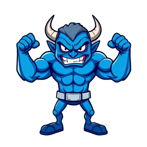 an aggressive, muscular windows defender logo in shades of blue and white, flexing strong arms with devil horns and an angry cartoon expression.
