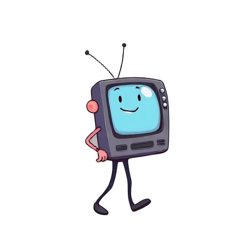 um personagem levemente inclinado para a direita, cebça de televisão, tronco, pernas, mãos desconectados apenas flutuando, simples e um pouco fofo