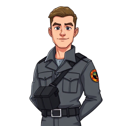 a male character, likely in his late twenties or early thirties, is depicted.  he is of light skin tone, and appears to be caucasian. the character is wearing a grey military-style uniform with tactic