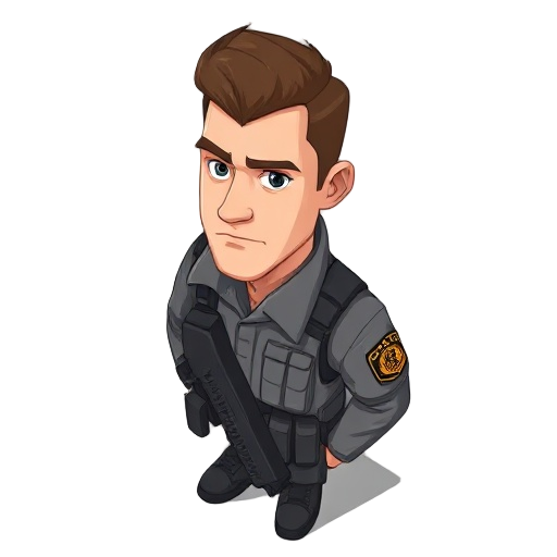 a male character, likely in his late twenties or early thirties, is depicted.  he is of light skin tone, and appears to be caucasian. the character is wearing a grey military-style uniform with tactic