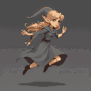 a female elf in a flowing gray gown, side profile, sprinting