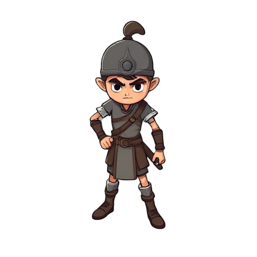 young matchstick warrior, simple design, determined