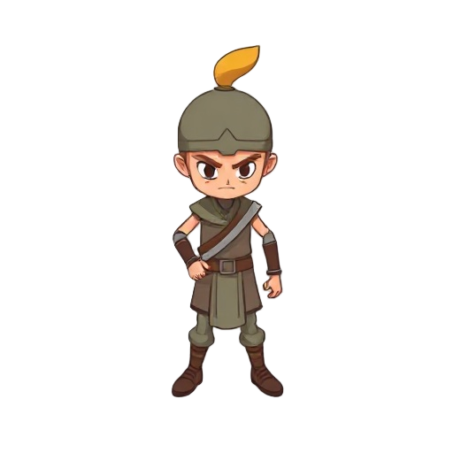 young matchstick warrior, simple design, determined