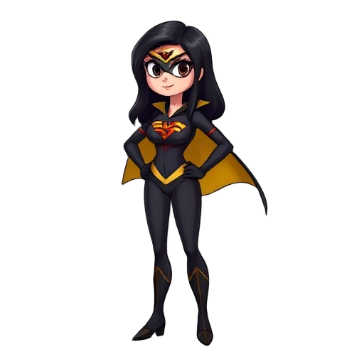 superwoman with a short black cape with yellow on the inside long black hair a leotard with no leggings and no sleeves black gloves and boots and a small red and black s on her upper chest