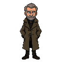 middle-aged detective in trench coat, short gray hair, beard, sad eyes, worn clothes, noir, full body, 2d sprite, muted colors, serious expression.