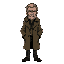 middle-aged detective in trench coat, short gray hair, beard, sad eyes, worn clothes, noir, full body, muted colors, serious expression.
