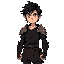 young male warrior with medium-length messy black hair, glowing violet eyes, and a serious expression. lean and athletic build. wears dark, worn warrior tunic with light asymmetrical armor on shoulder and forearm. outfit is black 