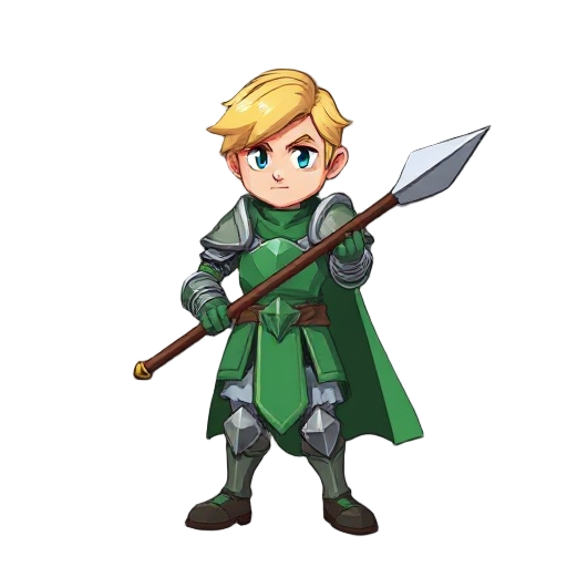 a knight with blonde hair and green armor welding a spear