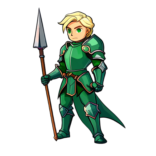a knight with blonde hair and green armor welding a spear