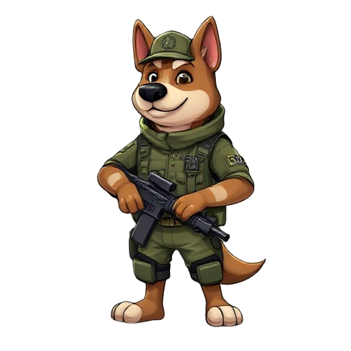a dog as a solider, wearing solider uniform and carrying a automatic weapon