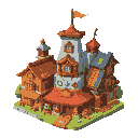 a colorful 2d idle rpg camp with various upgradeable buildings, illustrated in a fantasy game style.  the camp is set in a vertical platformer world where the player climbs upward.  each building has a unique design:  1. training ground - a dojo with wood