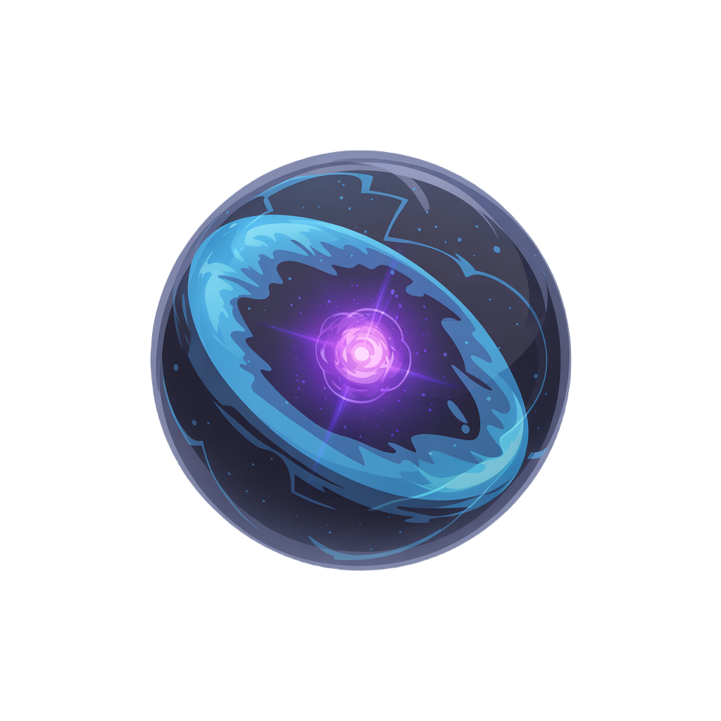 multiversal ball, with a blue universe inside it and an purple energy core in the middle