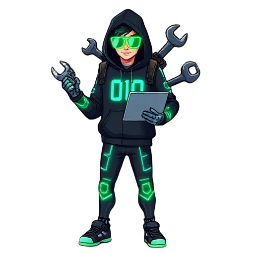 a pixel-art cyber tinkerer: black hoodie with glowing turquoise binary (“010” and “110”), neon circuit stripes along arms and legs, and bright green glasses like ar lenses. one hand is a robotic clamp, the other wields a laptop streaming green code. on th