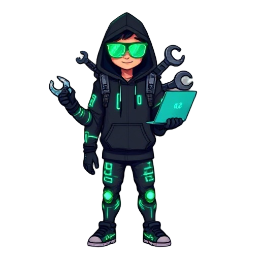 a pixel-art cyber tinkerer: black hoodie with glowing turquoise binary (“010” and “110”), neon circuit stripes along arms and legs, and bright green glasses like ar lenses. one hand is a robotic clamp, the other wields a laptop streaming green code. on th