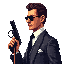 a blind man wearing sunglasses, holding a cane in his left hand and a gun in his right hand. he is wearing a suit. use a steampunk aesthetic. use a 20 degree camera angle. 