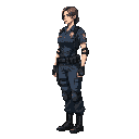 "pixel art, side view, beautiful female police officer wearing leon s. kennedy's resident evil 2 outfit: dark blue rpd uniform with shoulder straps, fingerless gloves, combat boots, and utility belt.