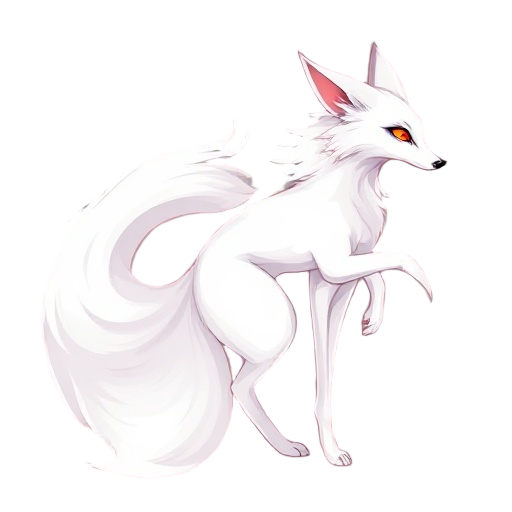 side-view 2d sprite of a mystical white nine-tailed fox with elegant body, glowing red eyes, and flowing tails. graceful and seductive, hinting at shapeshifting into a beautiful woman. clean line art, semi-realistic style. transparent background.