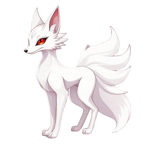 a side-view 2d digital illustration of a mystical nine-tailed fox (kumiho) designed for a video game boss character. the fox has sleek, elegant proportions, pure white fur with subtle highlights, and sharp, captivating red eyes. it looks graceful and allu