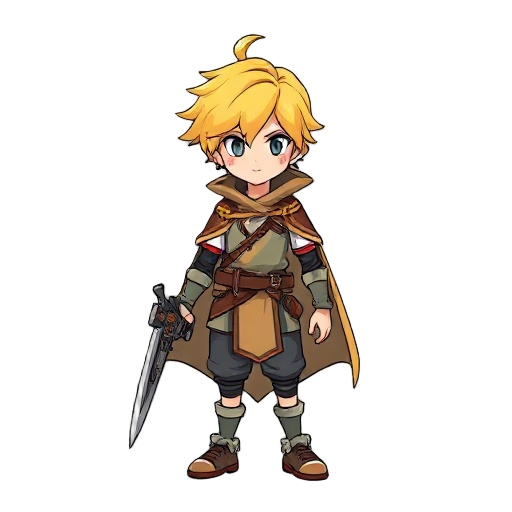 boy,metriodvania,cape,tunic,yellow hair,gunblade