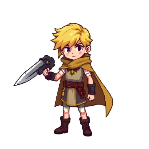 boy,metriodvania,cape,tunic,yellow hair,gunblade, pixel 