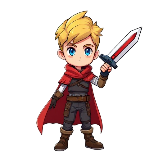 boy holding gunblade ,full body with red cape,yellow hair