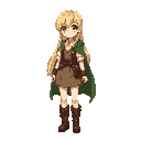 a pixelated digital illustration in 16-bit video game style of a blonde anime girl with long hair and blue eyes, wearing simple fantasy village clothes like a blouse, vest, skirt, boots, and a green cloak.
