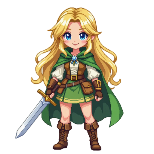 a pixelated digital illustration in 16-bit retro video game style of a blonde anime girl with long hair and blue eyes, wearing simple fantasy village clothes like a blouse, vest, skirt, boots, and a green cloak. she is holding a regular sword and smiling 